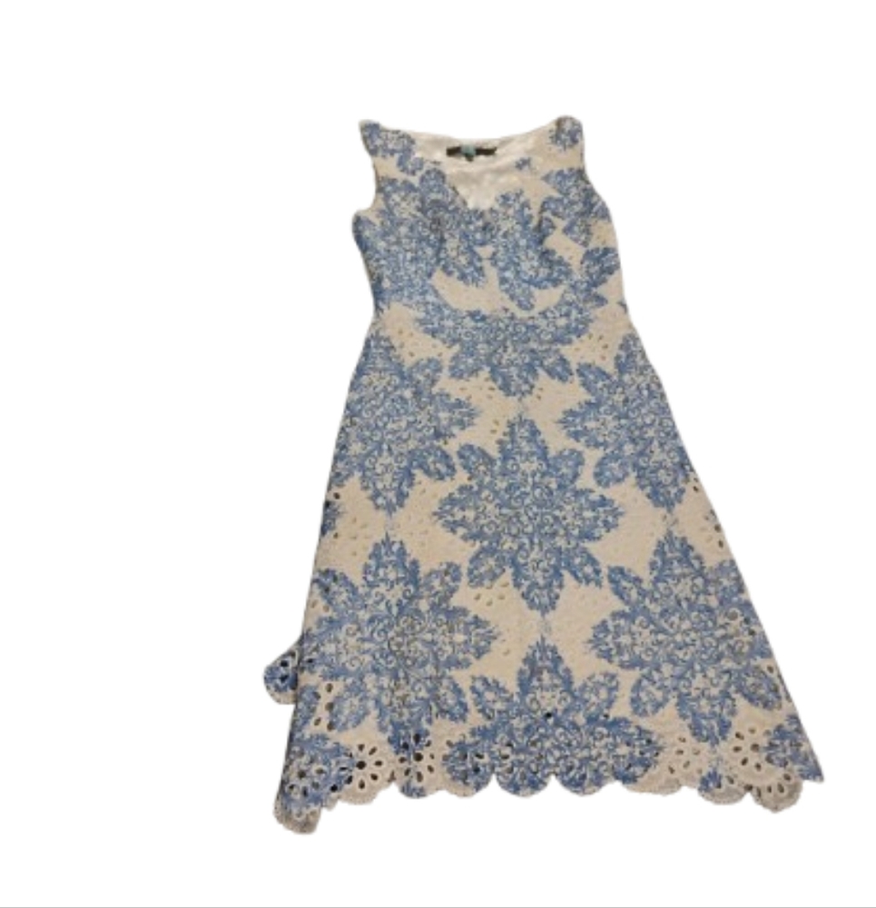 Anthropologie Eva Franco Starflower Scalloped Lace Blue and White Dress Sz 8
